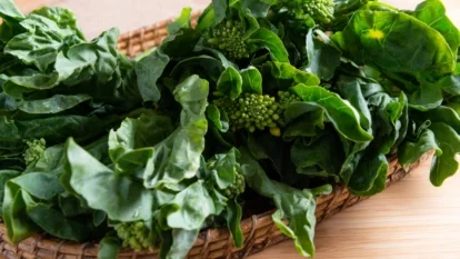 A bunch of leafy stems with dark green, slightly wrinkled leaves and small, unopened flower buds, arranged on a wooden surface.