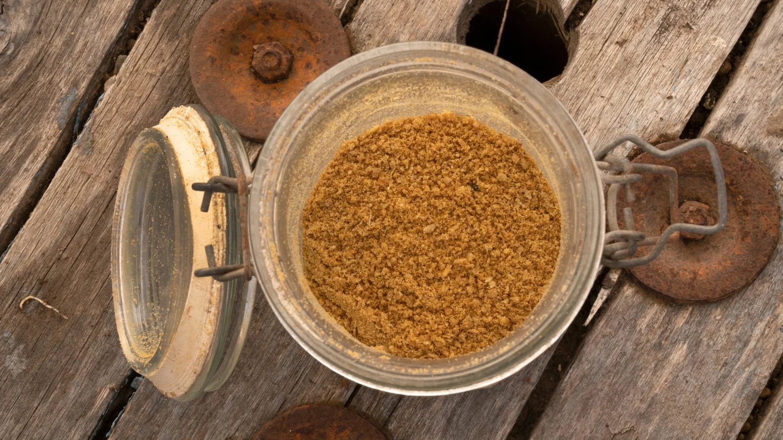 Top view of a glass jar filled with bone meal fertilizer, placed on a wooden surface.