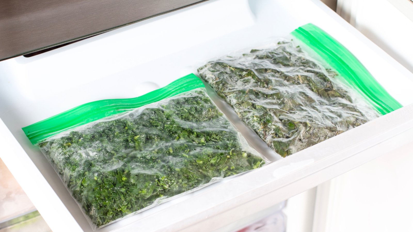 Clear zip lock bags filled with frozen herbs reveal green, icy leaves preserved in small portions for storage.